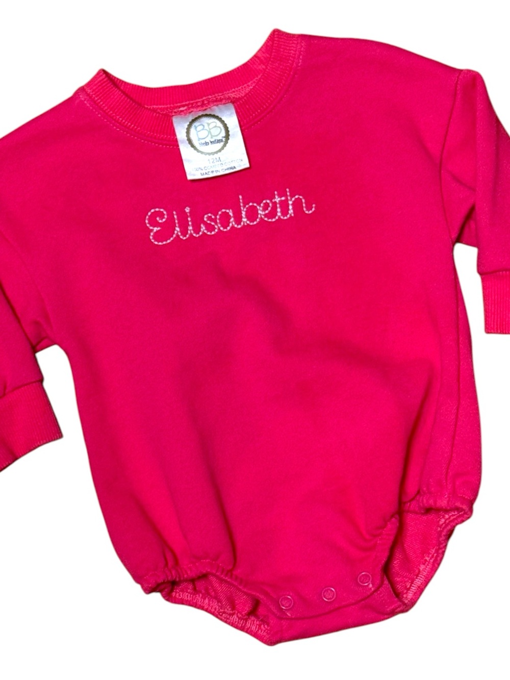 Blanks Boutique Pink Bubble Romper Bodysuit 12M Embroidered “Elisabeth”